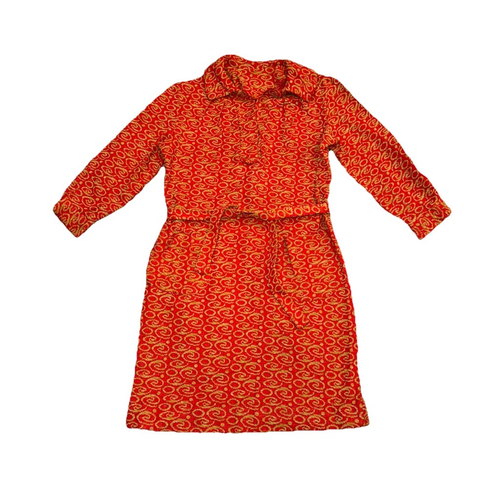 Vintage Retro Fashions Dress 70's Women's Orange Gold Swirls Groovy Stretch ?SM